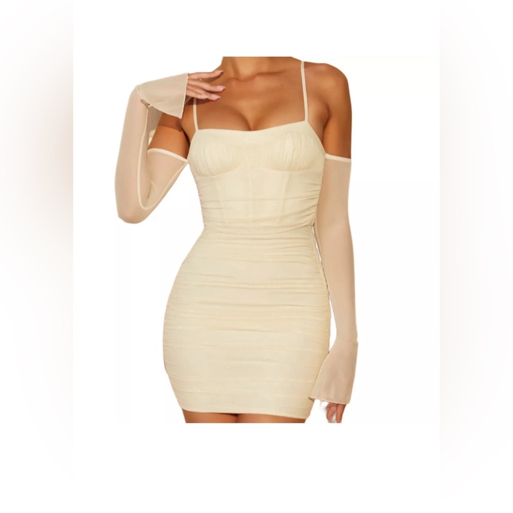 Oh polly Off Shoulder Ruched Bust Mini Dress Beige Sz 4 US small